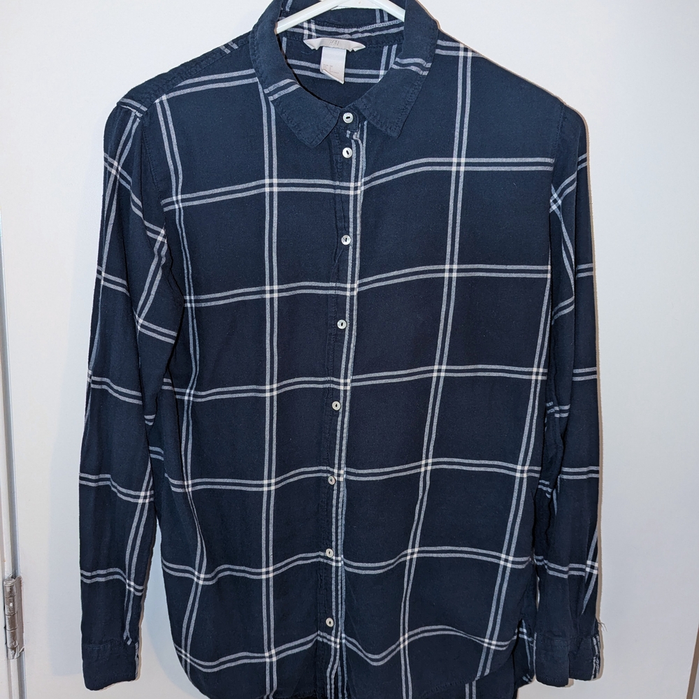 H&M Navy Blue Plaid Flannel 100% Cotton